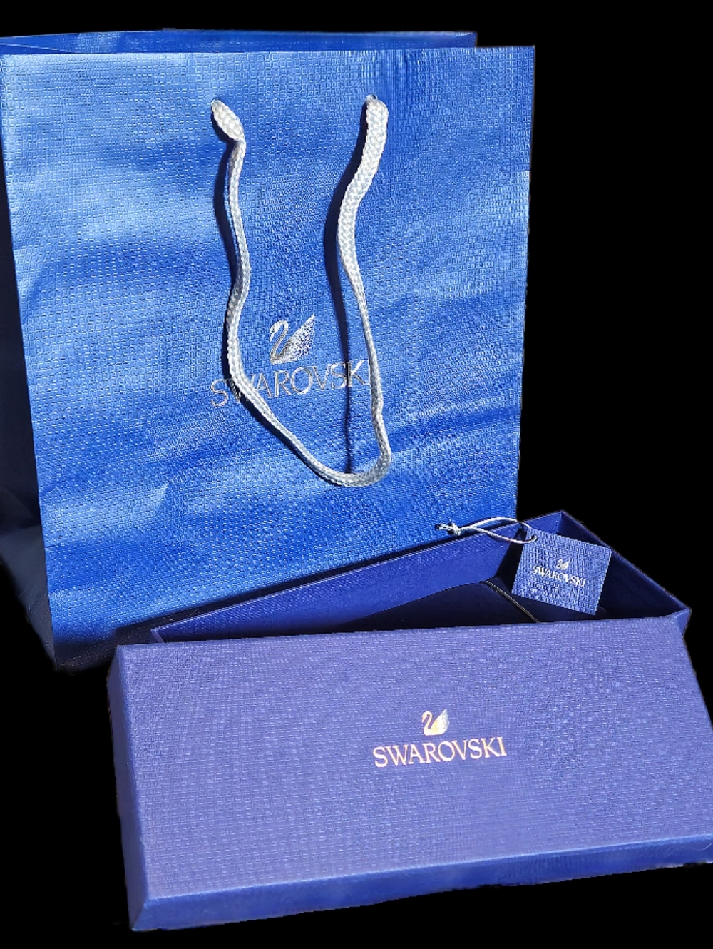 NEW Swarovski Blue Jewelry Gift Box Shopping Bag Tag Set Swan Necklace Bracelet